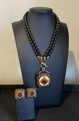 Vtg PATRICE Brass Carnelian Onyx Double Strand Bead Pendant Necklace Earring Set