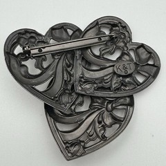 K&T Signed Triple Heart Tiered Goldtone Silvertone Copper Colored Brooch Pin