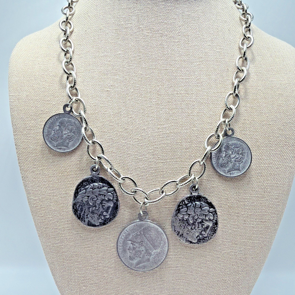 Vintage Coin Charm Necklace Grechian Silver Toned Size 18.5”