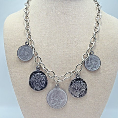 Vintage Coin Charm Necklace Grechian Silver Toned Size 18.5”