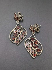 Vtg Sterling Silver Multi Amber Glass Marquise Shape Leaf Design 925 Earrings