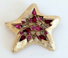 Gorgeous Rare Vintage Coro Inset Pink Rhinestone Textured Star Brooch Pin
