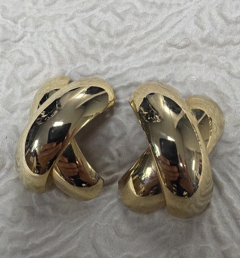 Vintage Gold Plated Bold Irregular Sculptural “X” Design Clip-On 1.5” Earrings