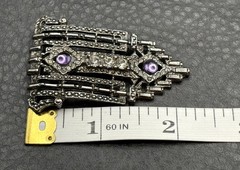 Vintage Art Deco Style Silver Tone Brooch Purple Amethyst Rhinestone Pin