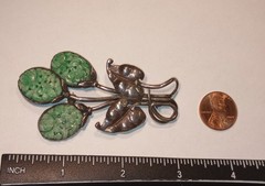 Vintage Chinese Carved Jadeite 3 Flowers Sterling Silver Leaves Brooch Jade Pin