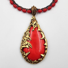1960s Brutalist Love Witch Red Bead Gold Tone Pendant Necklace Vintage