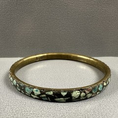 Vintage India Bangles Bracelet Mosaic Stone Brass Blue Green Inlay Set of 2
