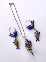 Blue Cloisonne & Vermeil Koi Fish Charm Bracelet and Hoop Earrings: China Export