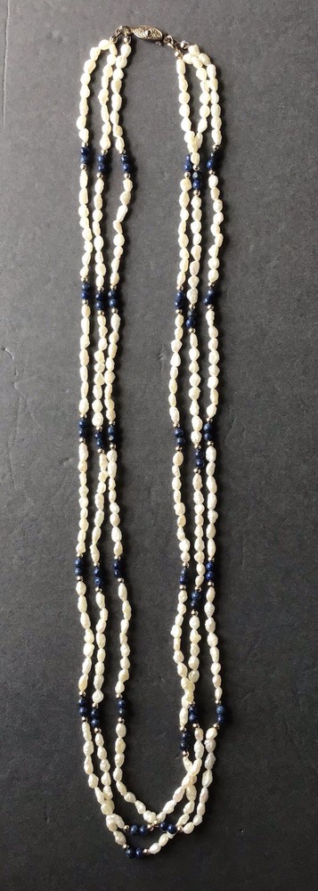 Vintage 3 Strand Natural Rice Pearls And Lapis Lazuli Beads 28in