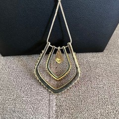 Vintage 1980s Art Deco Revival Shield Pendant Necklace Gold Tone Statement 30″