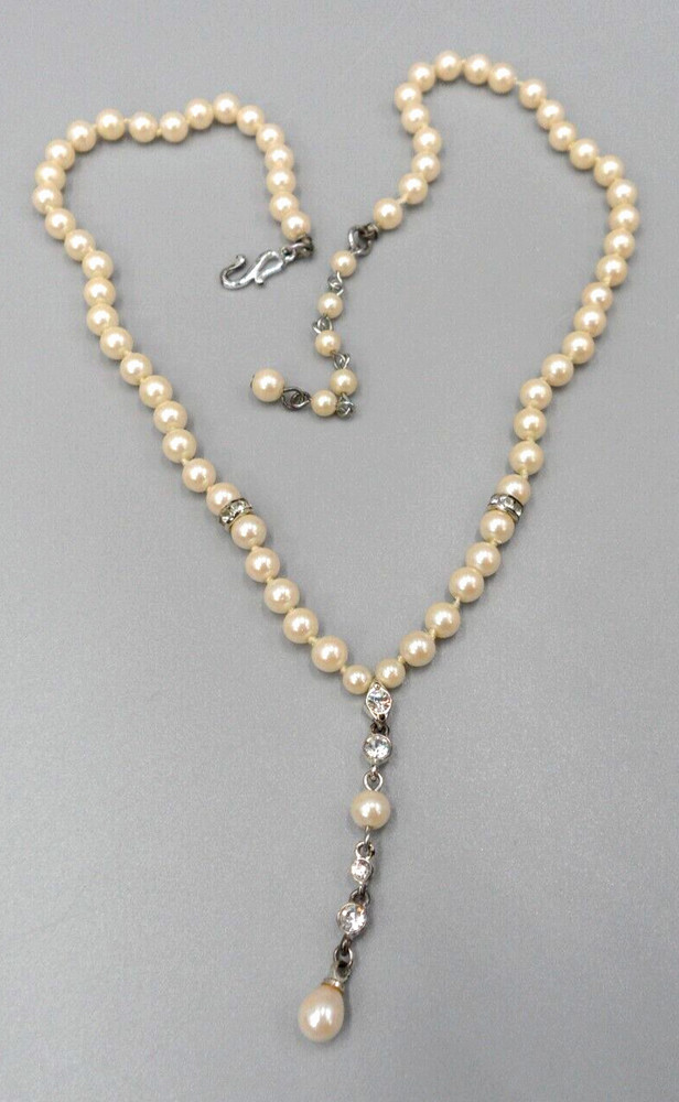 Vintage Faux Pearl Y Necklace Knotted Glass Bead Choker Rhinestone Teardrop Hook