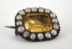 Antique Georgian English Brooch Yellow Topaz w/Split Pearl Halo Gold Setting