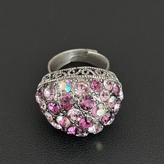 Vintage Silver Tone Pink Purple Rhinestone Dome Cocktail Ring Adjustable