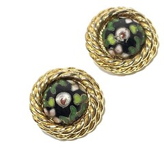 VTG FRIENDSHIP Gold Tn Clip Back Earrings Black Cloisonne Enamel Round Floral