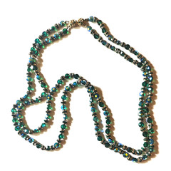 Vintage Les Bernard 2 Strand Iridescent Blue-Green Glass Bead Necklace 24 inch