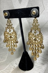 Vintage Style Filigree Chandelier Earrings Gold Tone Rhinestone Dangle 3” Glam