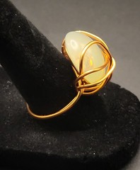Uranium white glass cabochon hand wired copper ring size 8