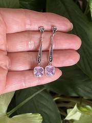 Vintage Signed 925 Silver Amethyst Marcasite Dangle Earrings February Birthstone