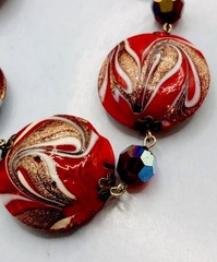 Vtg Venetian Murano Red Art Glass w.Aventurine Beads Necklace 17 In