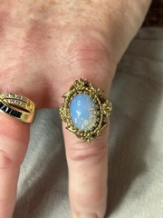 Vintage 18K Signed H.G.E. Victorian Style Faux Fire Opal Solitaire Band Ring 7