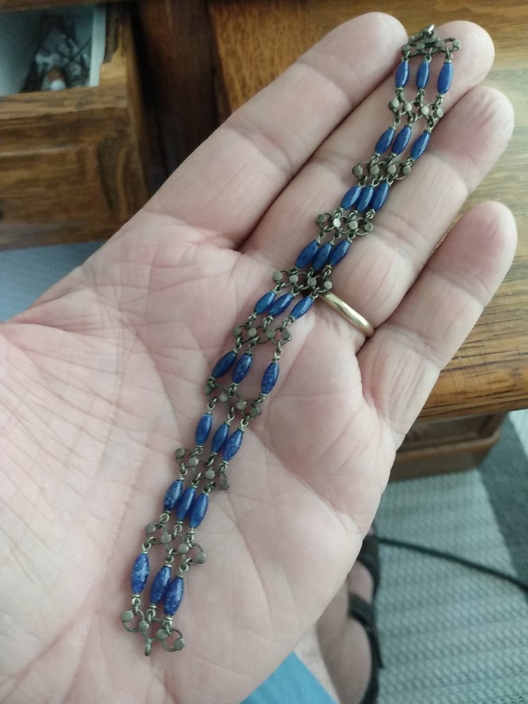 Antique Art Deco Sterling Silver Bracelet 7 Inches Blue Czech Glass