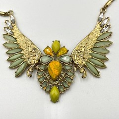 VTG Retro Gold Tone Phoenix Wing Necklace Sage Green & Amber Tone Boho Statement