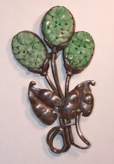 Vintage Chinese Carved Jadeite 3 Flowers Sterling Silver Leaves Brooch Jade Pin