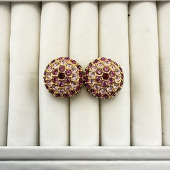 Joan Rivers Earrings Pink Purple Rhinestone Domed Round CLIP ON Cocktail Vintage