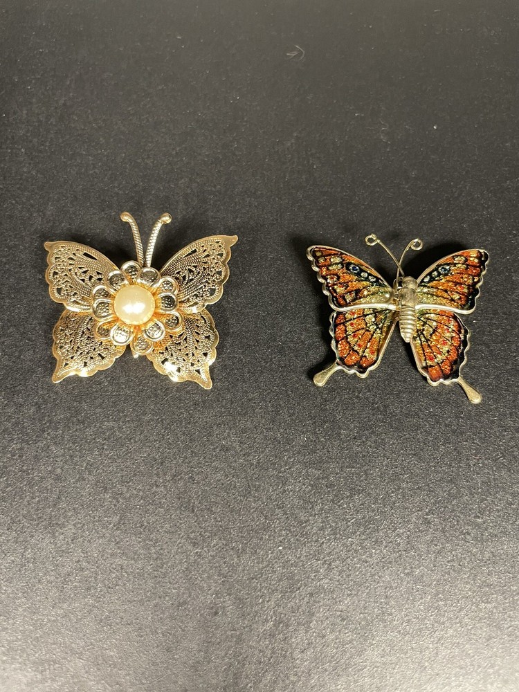Set of 2 Butterfly Pin Brooches Gold Tone Metal Faux Pearl