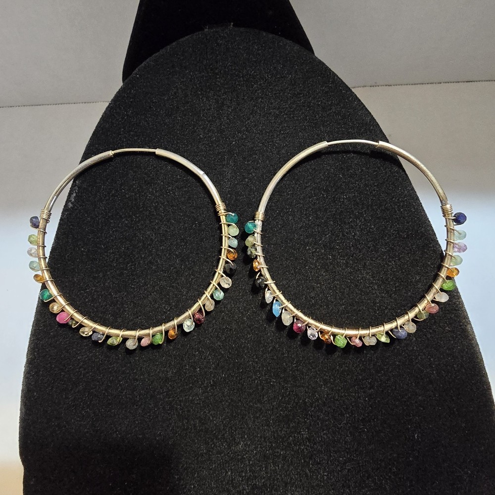 Large Vintage Sterling Silver with Gemstone Wire Wrap Hoop Earrings 2.05″