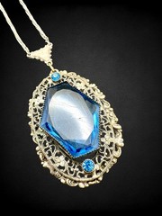 Vintage Antique Art Deco Blue Glass Pendant Necklace Filigree Silver Tone Czech