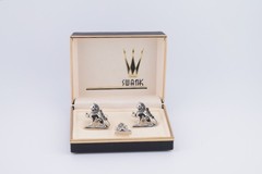 Vintage Swank Figural Griffin Cufflinks Rhinestones Silver Tie Tack Box