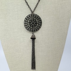 Vintage Gunmetal Gray Filigree Medallion Tassel Pendant Necklace