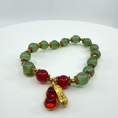 Green Jade & Red Bead Bracelet Gold Tone Peanut Charm Lucky Boho Stacking Gift