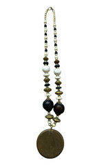 Vintage Boho Beaded Statement Necklace Brass Wood Round Pendant Black White