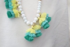 #17/20A NECKLACE 16″L WHITE GLASS BEADS w YELLOW BLUE GREEN THREAD TASSELS BY V