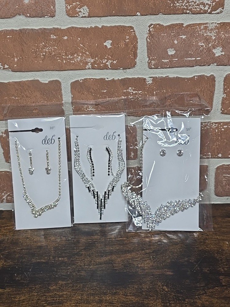 Avon(Deb) 2pc Lot Of 3 Goldtone Jewelry Necklace, Earrings Sets Faux Diamonds