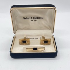 Vintage Swank Genuine Onyx Gold Tone Cufflinks Tie Clip Weber Heilbroner Box