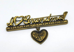 Jonette J.J. “I Love Grandma!” Antiqued Brass Bar Heart Charm Dangle Pin Brooch