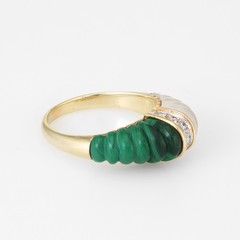 Fluted Rock Crystal Malachite Diamond Dome Ring Vintage 14k Yellow Gold Estate