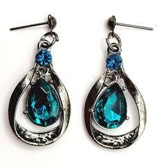 Blue Glass Water Droplet Drop Dangle Silver Tone Sparkly Fancy Pierced Earrings