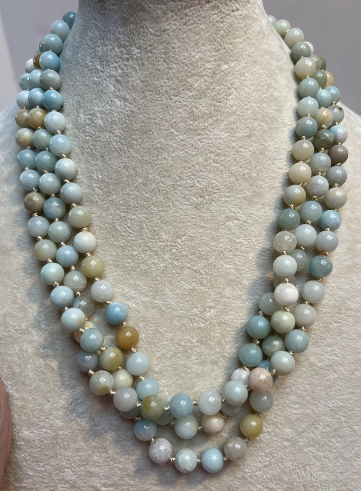 Vintage Pale Green Blue Tan Calcite Bead Necklace 60” Knotted