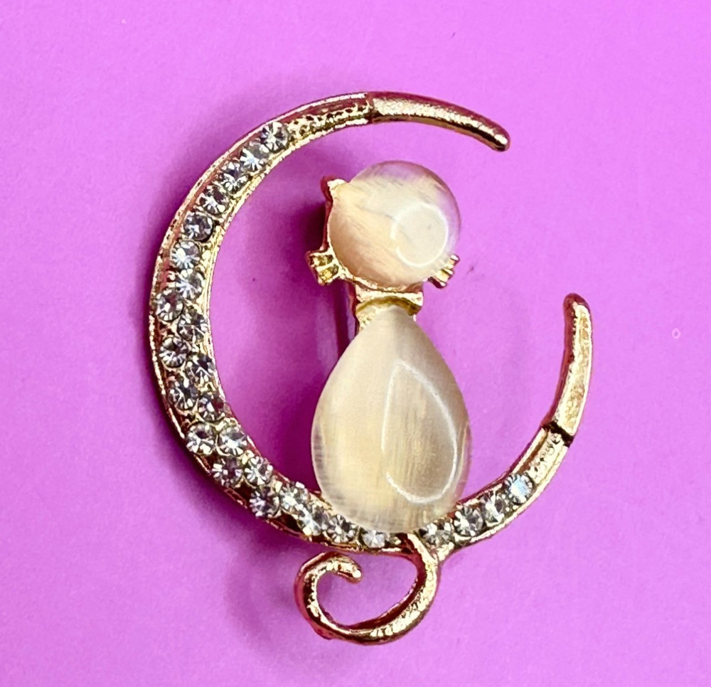 Gold Tone Rhinestones Cat & Moon Brooch Contemporary