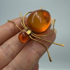 Vintage Amber Spider Brooch 1970s Baltic Honey Amber Gilded Brass Pin Jewelry