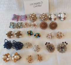 Lot Collection of 14 pairs of Vintage Clip-On Earrings Rhinestones Faux Pearls