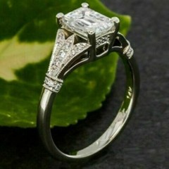 Art Deco Emerald Cut Lab Created Diamond Leafes Wedding White Gold Filled Ring