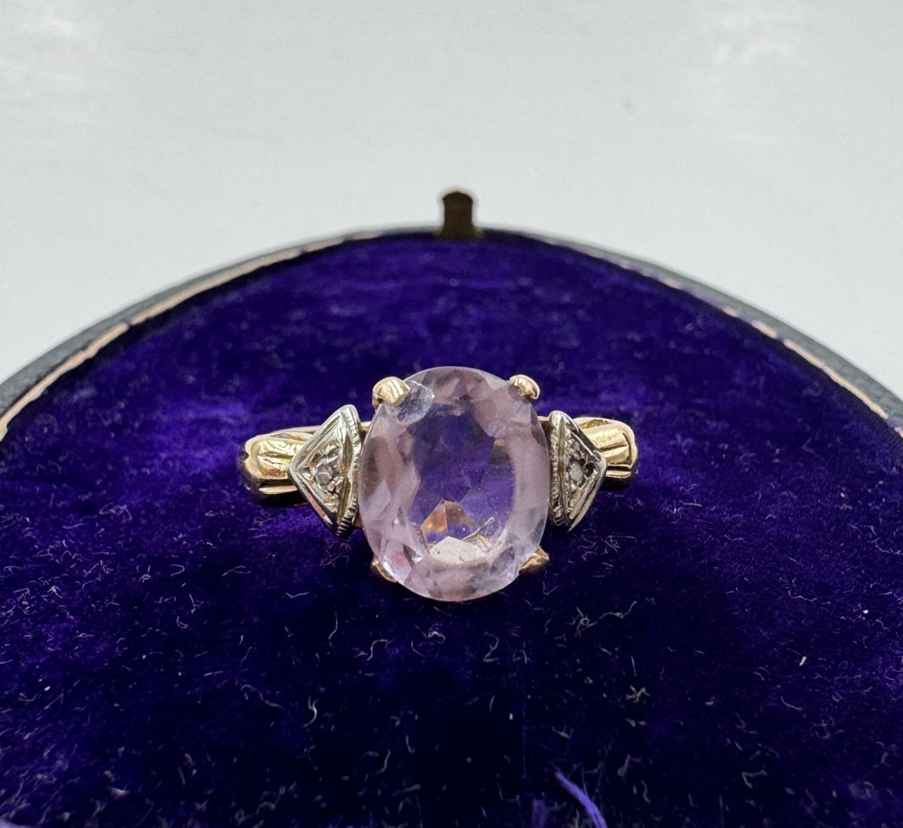14K REAL SOLID YELLOW GOLD HALLMARKED TESTED GORGEOUS RING AMETHIST DIAMOND