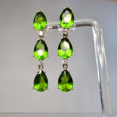 Vintage Green Quartz Pear Teardrop 3 Stone Line Dangle Earrings Silver 925 1.75″