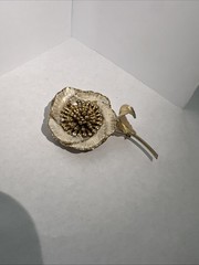 Vintage Gold Tone And White Enamel Flower Brooch