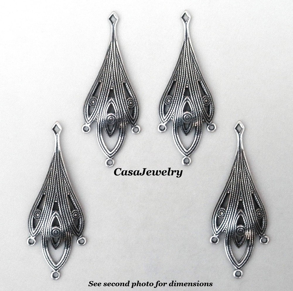 #3428 ANTIQUED .925 STERLING SILVER PLATED 3 DROP EARRING W/TOP HANG RING- 4 Pcs